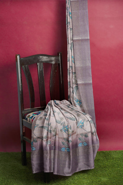 Light Brown Cotton Wild Flora Prints Zari Border Saree