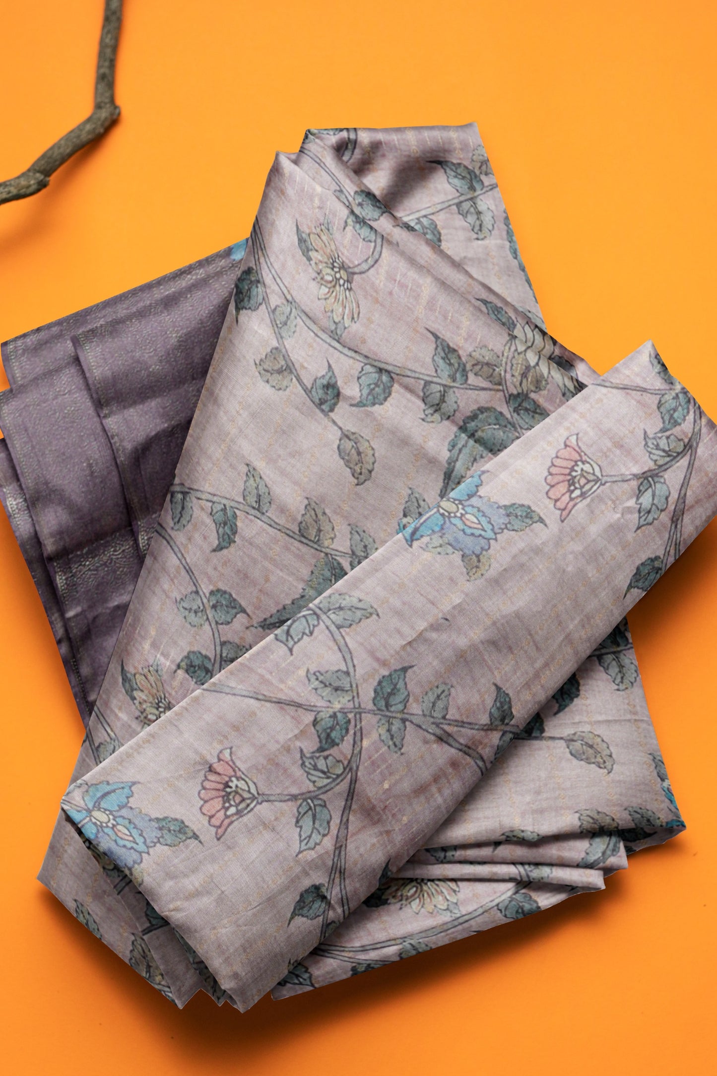 Light Brown Cotton Wild Flora Prints Zari Border Saree