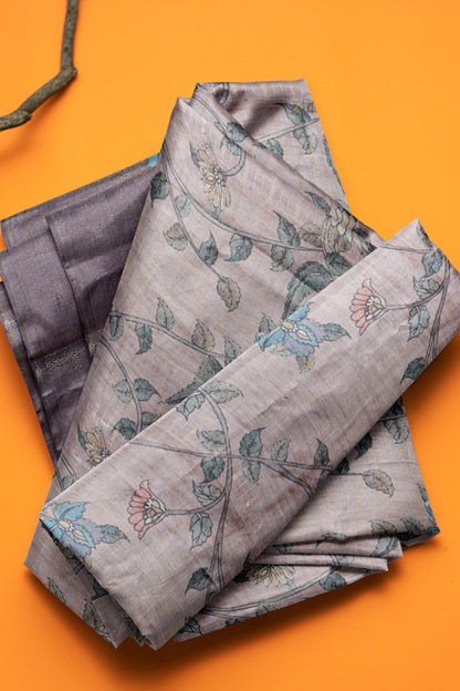 Light Brown Cotton Wild Flora Prints Zari Border Saree