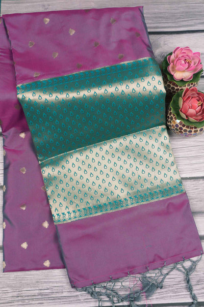 Violet Small Butta Geometric Zari Border Pallu Semi Soft Silk Saree