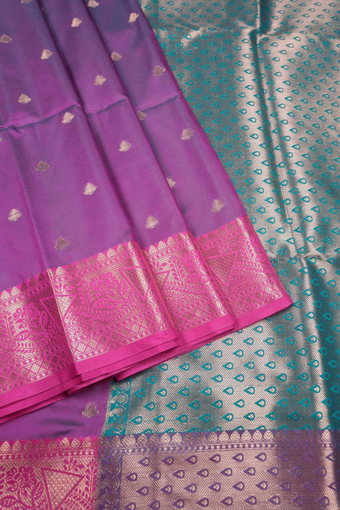 Violet Small Butta Geometric Zari Border Pallu Semi Soft Silk Saree