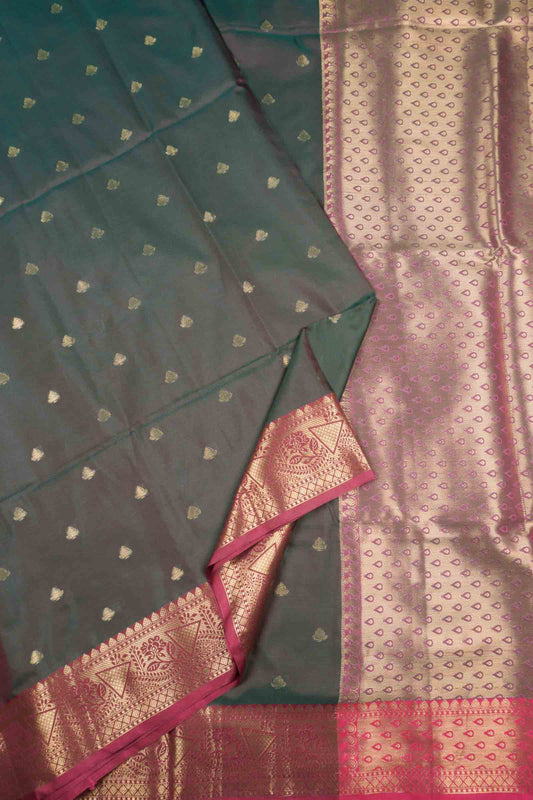 Green Pink Mini Butta Geometric Zari Border Pallu Semi Soft Silk Saree