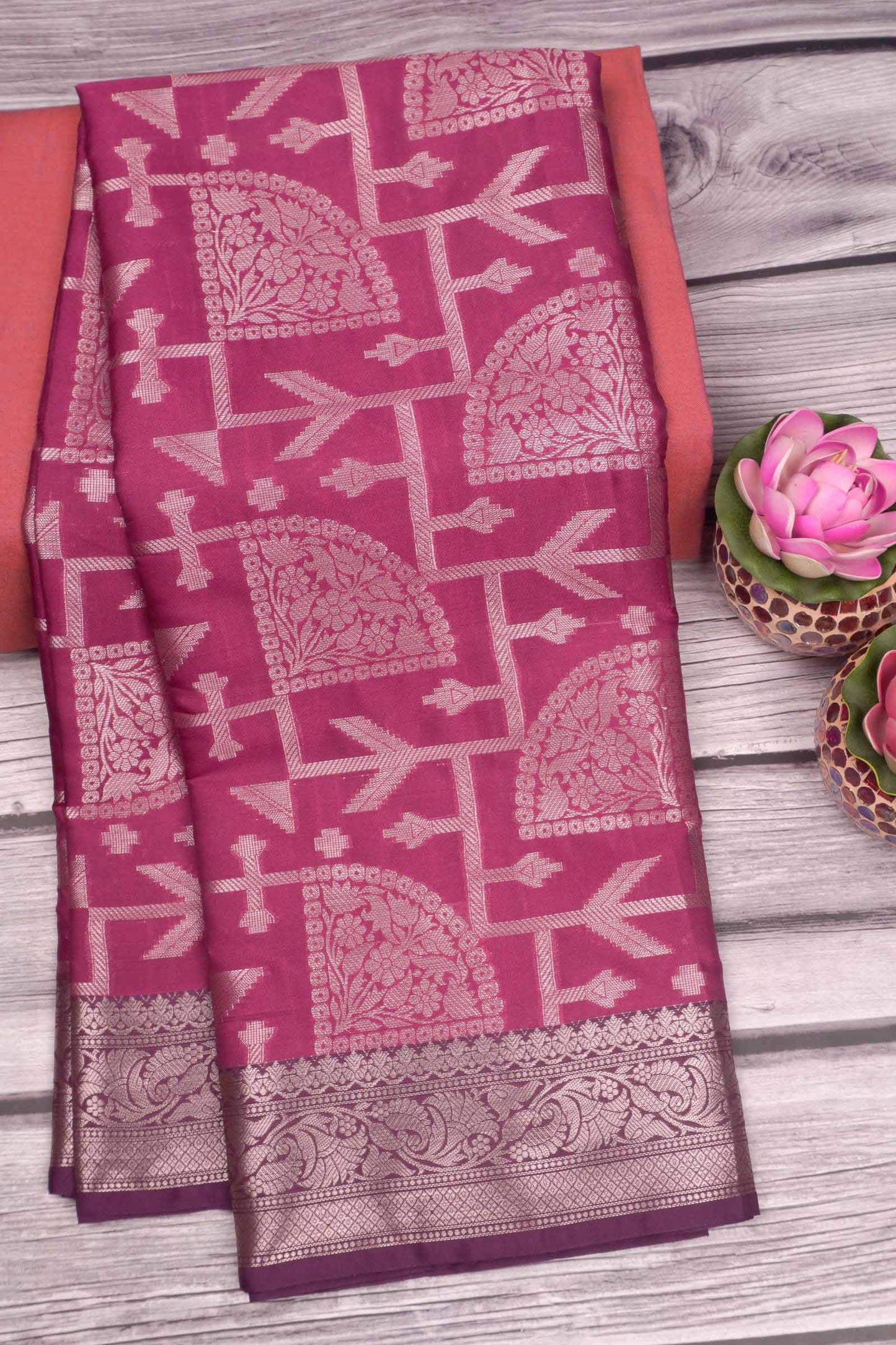 Burgundy Semi Silk Golden Fancy Zari Brocade Border Saree