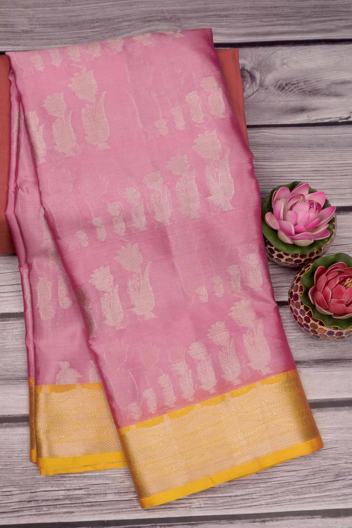 Pink Semi Silk Silver Zari Butta Contrast Yellow Border Saree