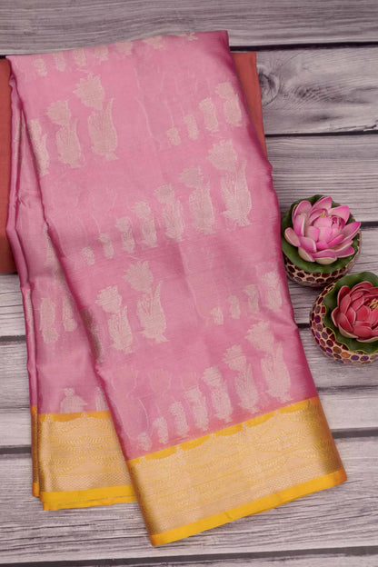 Pink Semi Silk Silver Zari Butta Contrast Yellow Border Saree