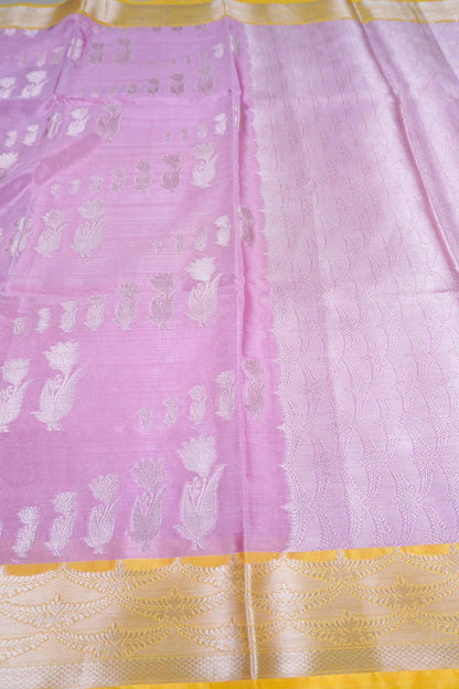 Pink Semi Silk Silver Zari Butta Contrast Yellow Border Saree