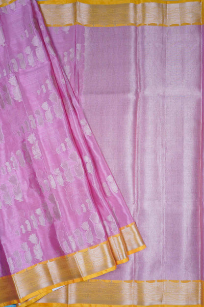 Pink Semi Silk Silver Zari Butta Contrast Yellow Border Saree