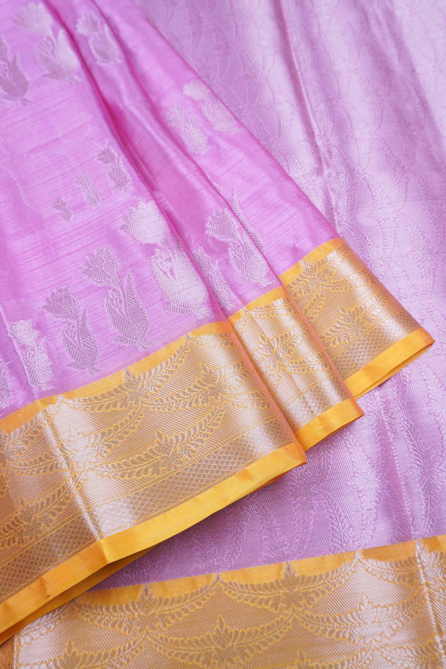 Pink Semi Silk Silver Zari Butta Contrast Yellow Border Saree