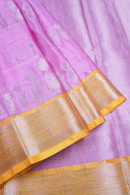 Pink Semi Silk Silver Zari Butta Contrast Yellow Border Saree