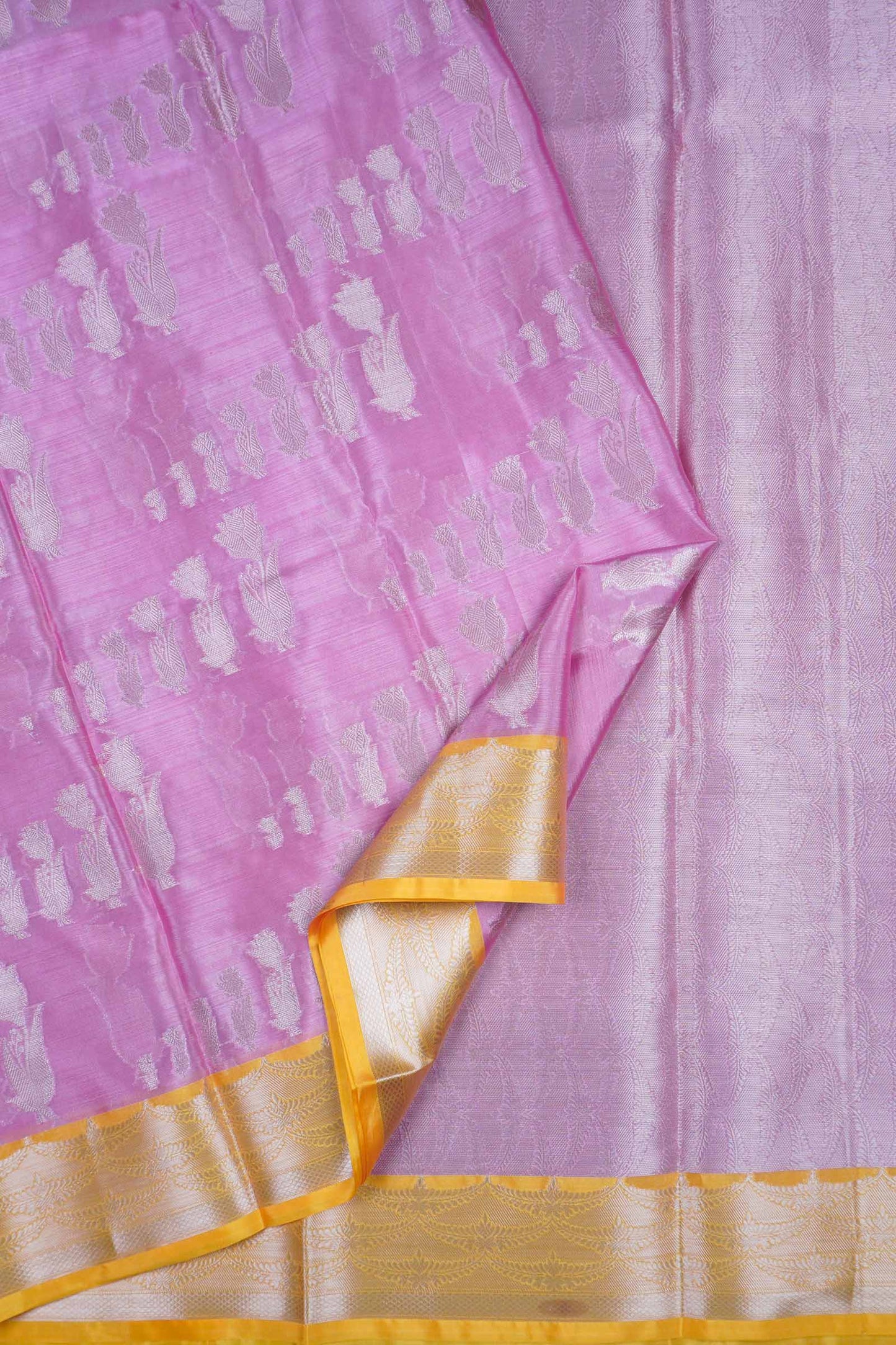 Pink Semi Silk Silver Zari Butta Contrast Yellow Border Saree