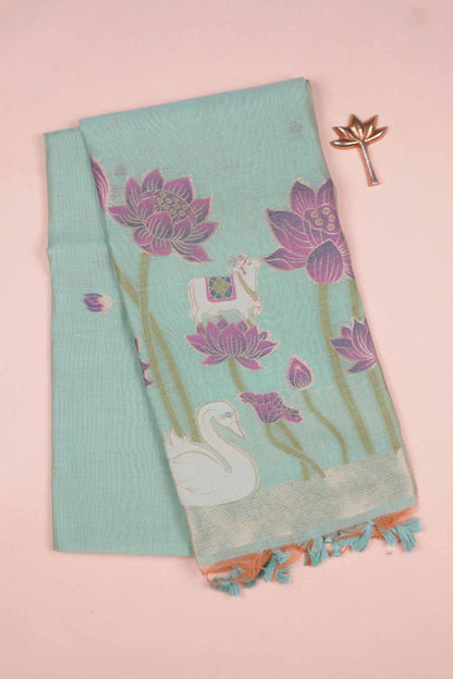 Light Blue Bengal Cotton Kamalam Butta Swan Garden Pallu Saree