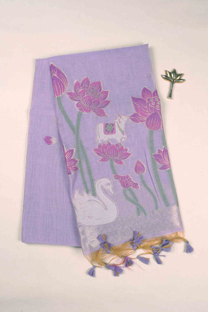 Violet Bengal Cotton Kamalam Butta Swan Garden Pallu Saree