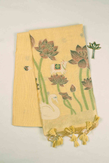 Yellow Cotton Kamalam Butta Swan Garden Pallu Saree