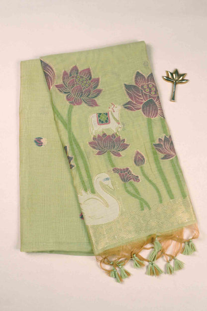 Light Green Bengal Cotton Kamalam Butta Swan Garden Pallu Saree