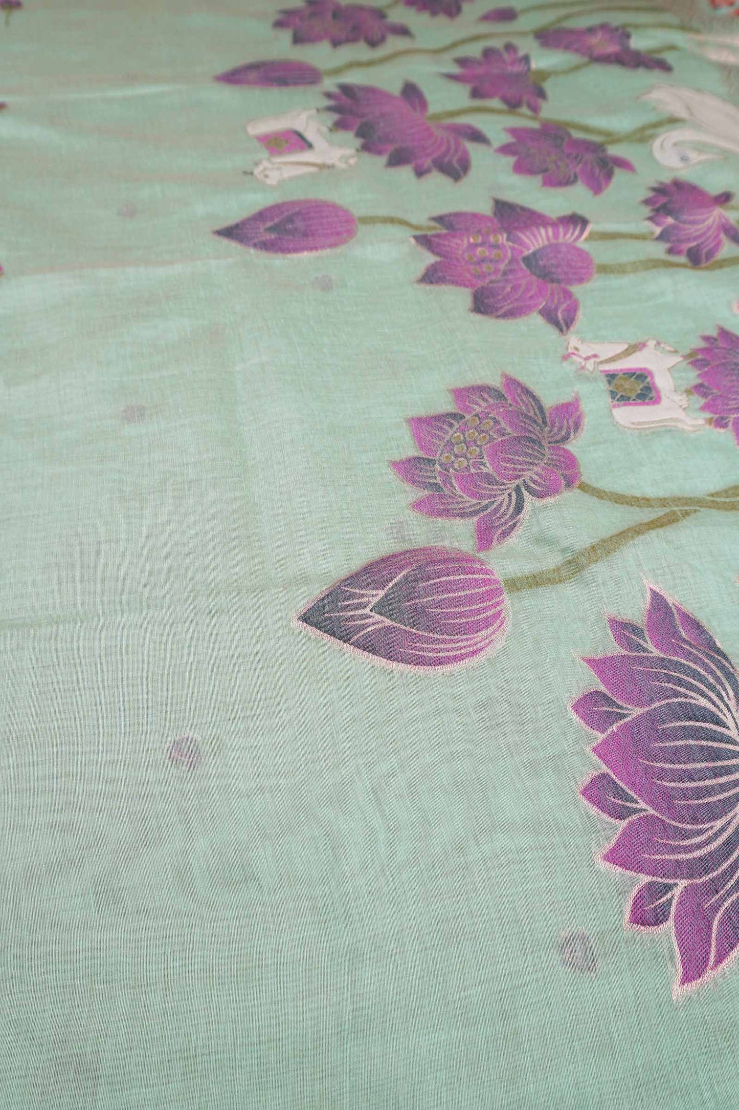 Light Blue Bengal Cotton Kamalam Butta Swan Garden Pallu Saree