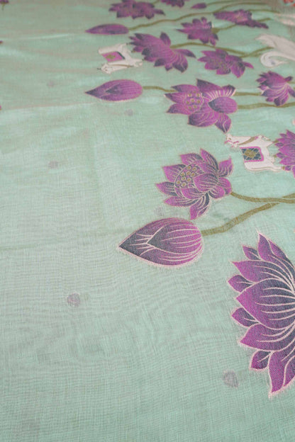 Light Blue Bengal Cotton Kamalam Butta Swan Garden Pallu Saree