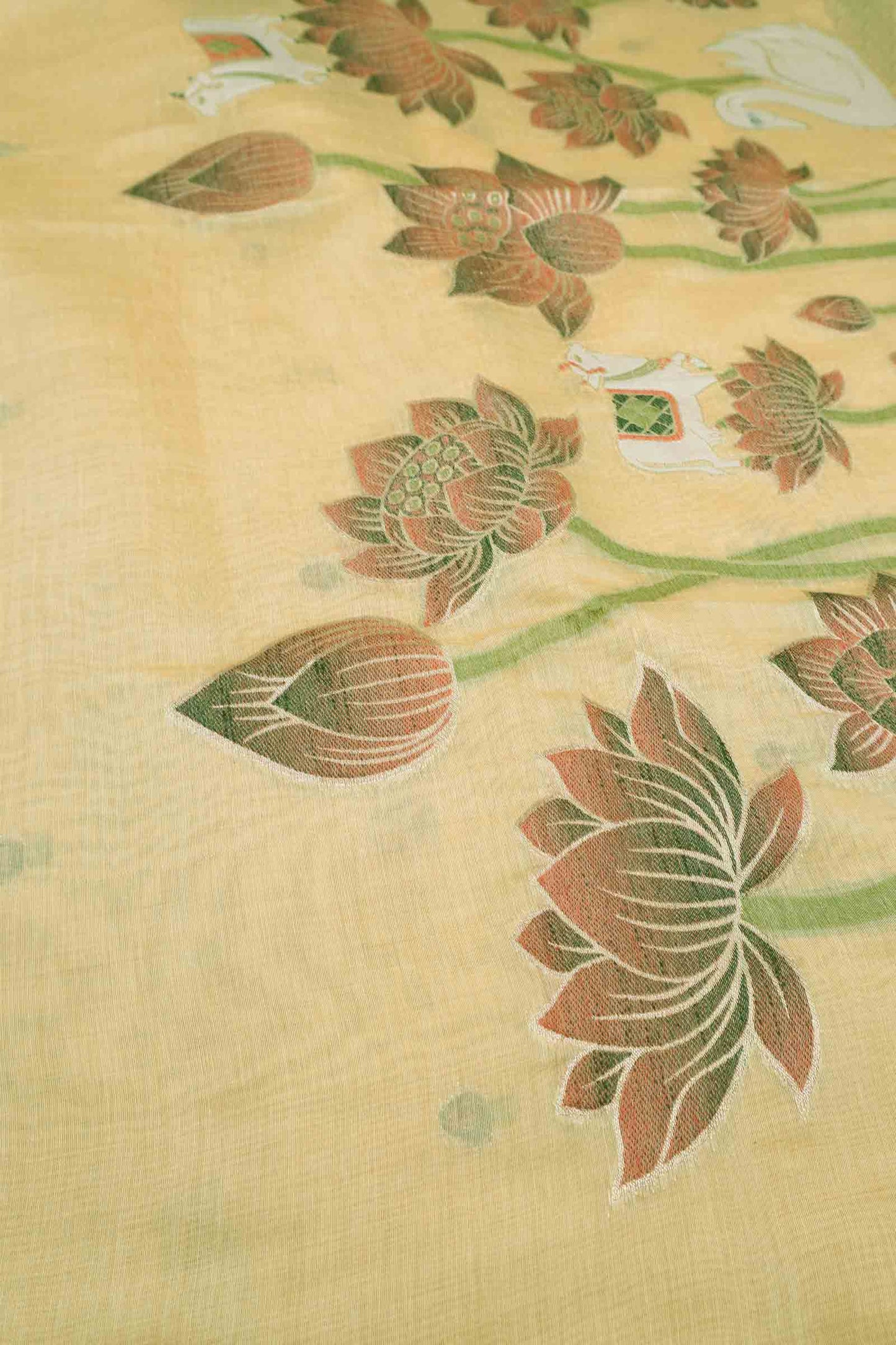 Yellow Cotton Kamalam Butta Swan Garden Pallu Saree