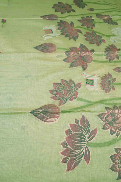 Light Green Bengal Cotton Kamalam Butta Swan Garden Pallu Saree