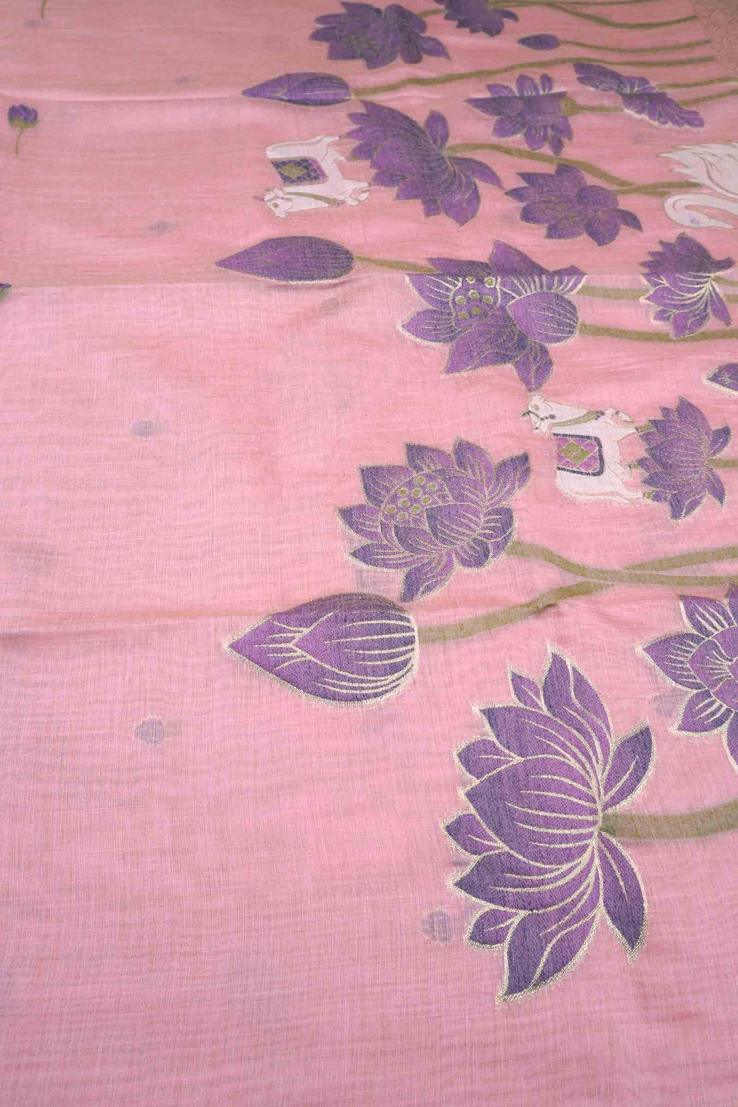 Light Pink Bengal Cotton Kamalam Butta Swan Garden Pallu Saree