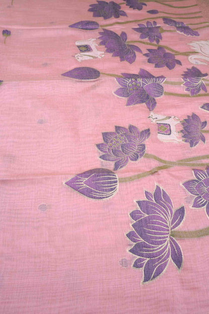 Light Pink Bengal Cotton Kamalam Butta Swan Garden Pallu Saree