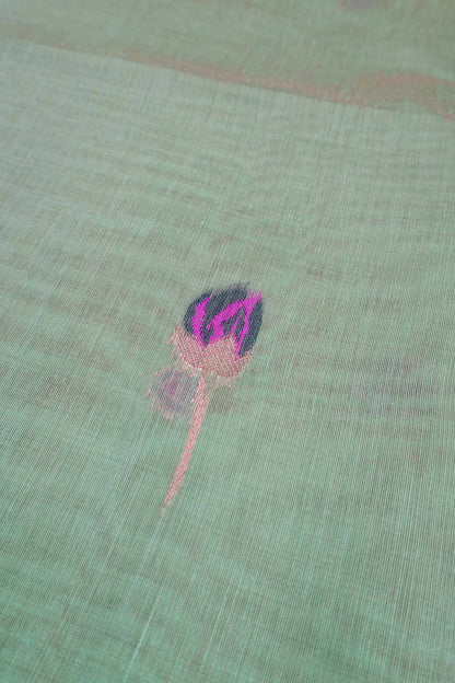 Light Blue Bengal Cotton Kamalam Butta Swan Garden Pallu Saree
