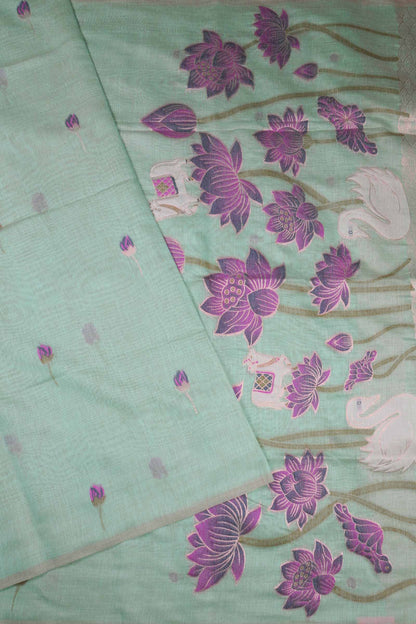 Light Blue Bengal Cotton Kamalam Butta Swan Garden Pallu Saree