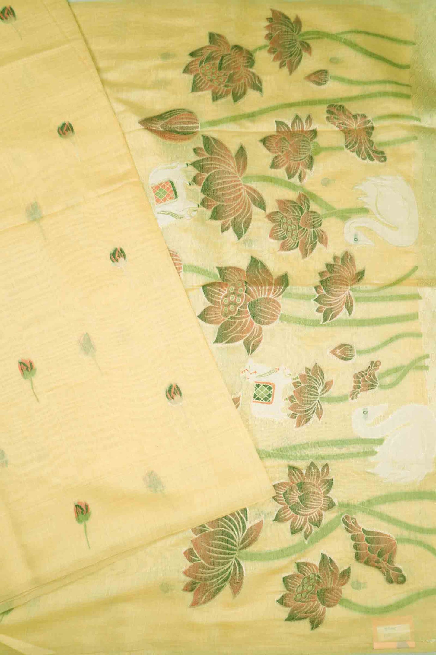 Yellow Cotton Kamalam Butta Swan Garden Pallu Saree