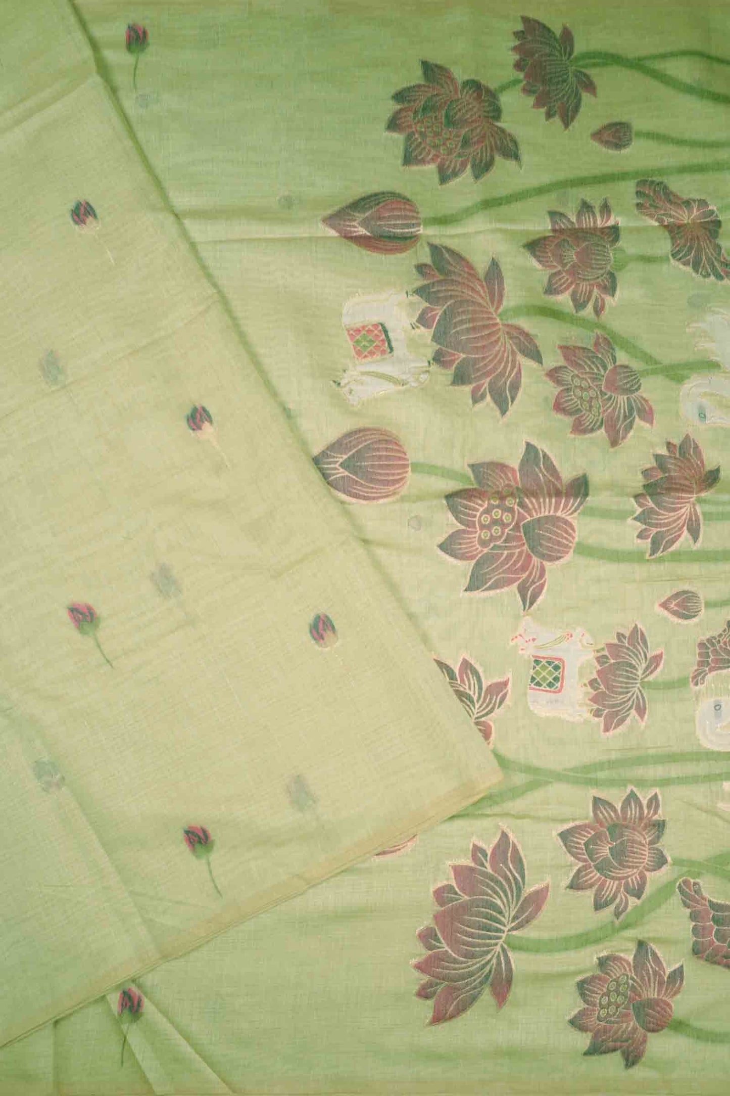 Light Green Bengal Cotton Kamalam Butta Swan Garden Pallu Saree
