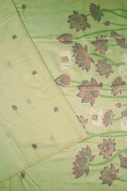 Light Green Bengal Cotton Kamalam Butta Swan Garden Pallu Saree
