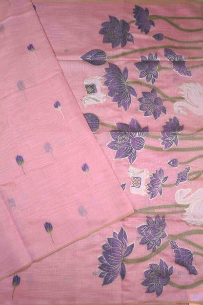 Light Pink Bengal Cotton Kamalam Butta Swan Garden Pallu Saree