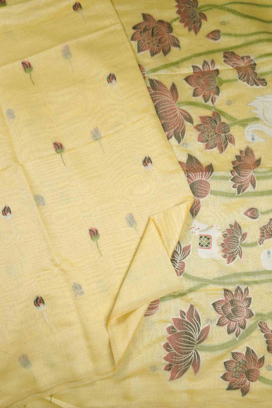 Yellow Cotton Kamalam Butta Swan Garden Pallu Saree