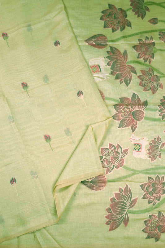 Light Green Bengal Cotton Kamalam Butta Swan Garden Pallu Saree