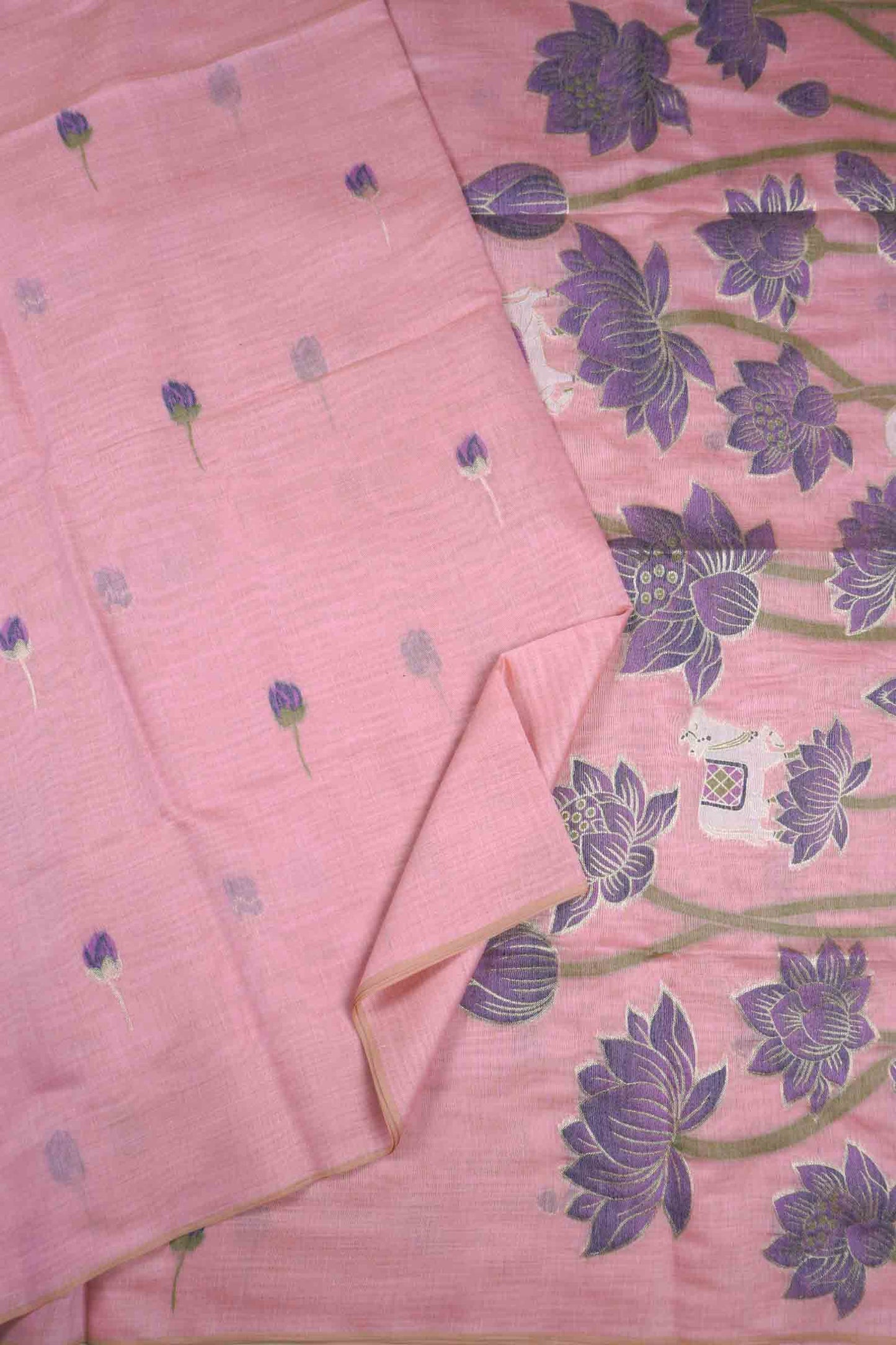 Light Pink Bengal Cotton Kamalam Butta Swan Garden Pallu Saree
