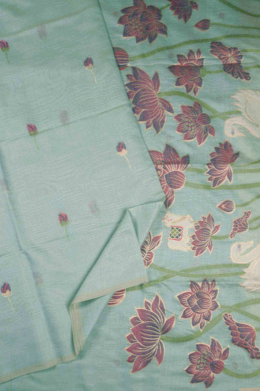Light Blue Bengal Cotton Kamalam Butta Swan Garden Pallu Saree