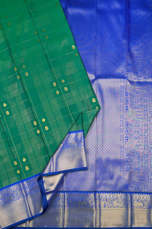 Green Zari Line Checks Butta Violet Zari Border Pallu Semi Soft Silk Saree