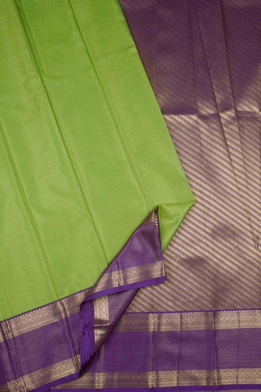 Light Green Zari Vairaoosi Lines  Butta Violet Zari Border Pallu Semi Soft Silk Saree