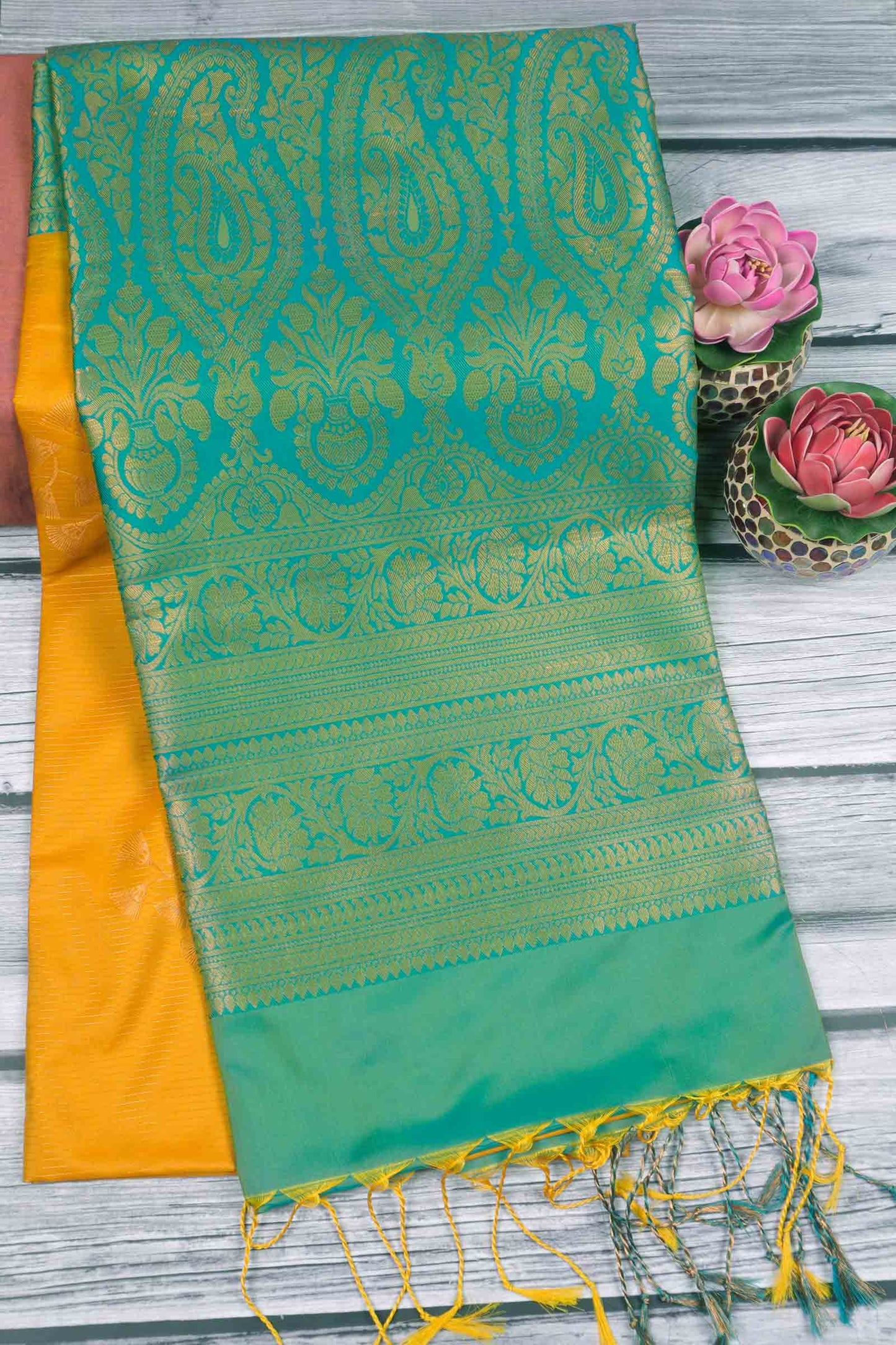 Yellow Zari Vairaoosi Lines  Butta Zari Border Pallu Semi Soft Silk Saree