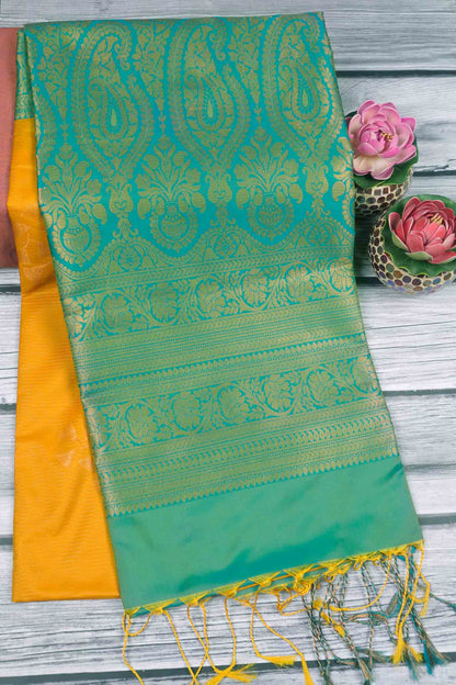 Yellow Zari Vairaoosi Lines  Butta Zari Border Pallu Semi Soft Silk Saree