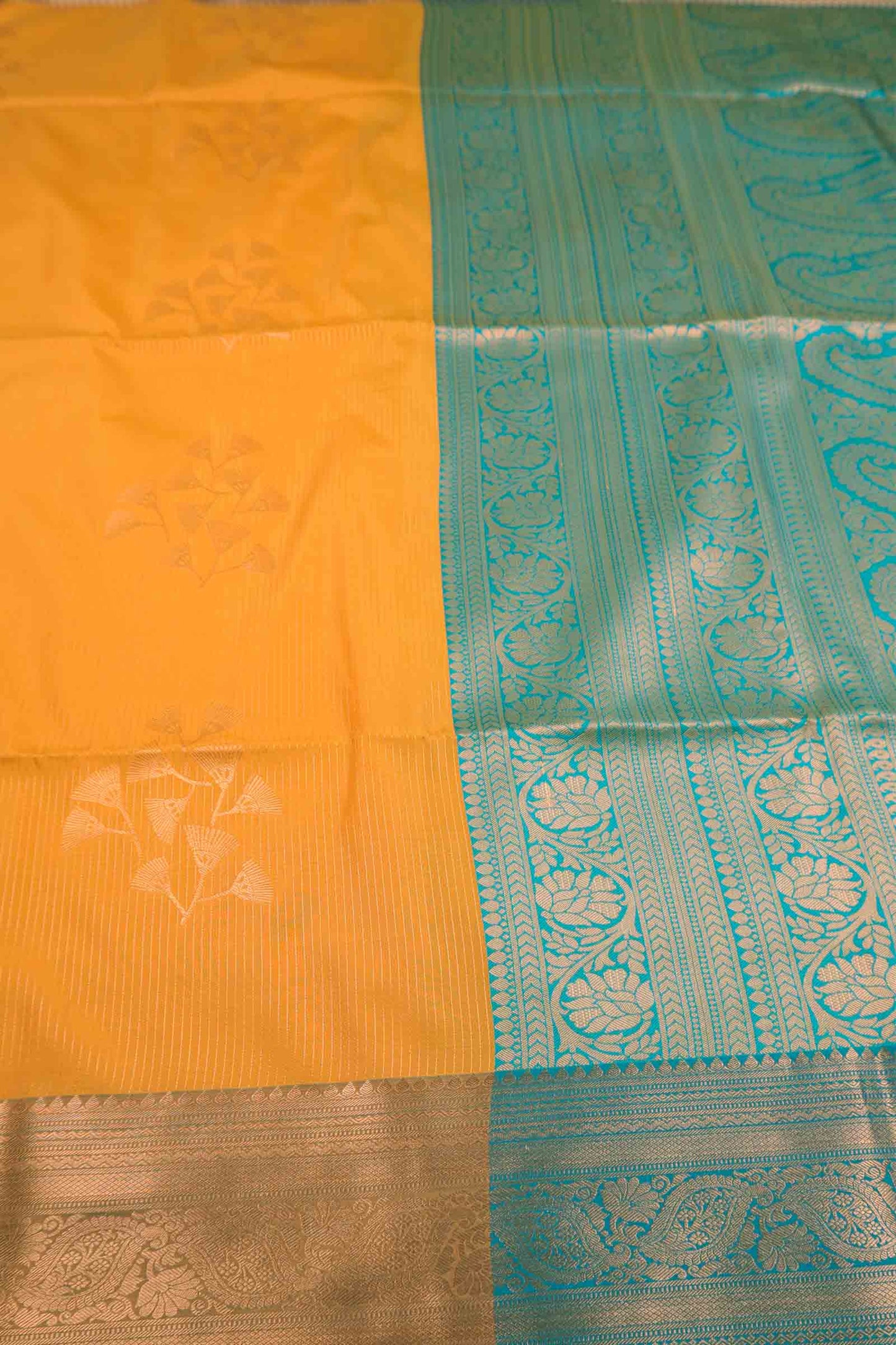 Yellow Zari Vairaoosi Lines  Butta Zari Border Pallu Semi Soft Silk Saree