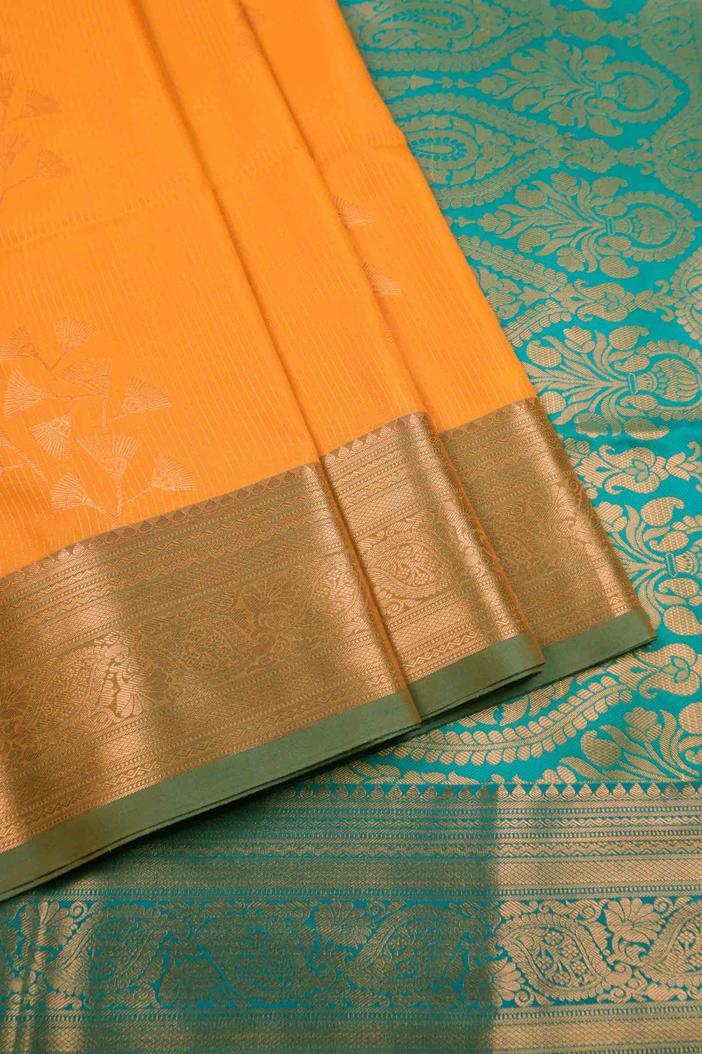Yellow Zari Vairaoosi Lines  Butta Zari Border Pallu Semi Soft Silk Saree