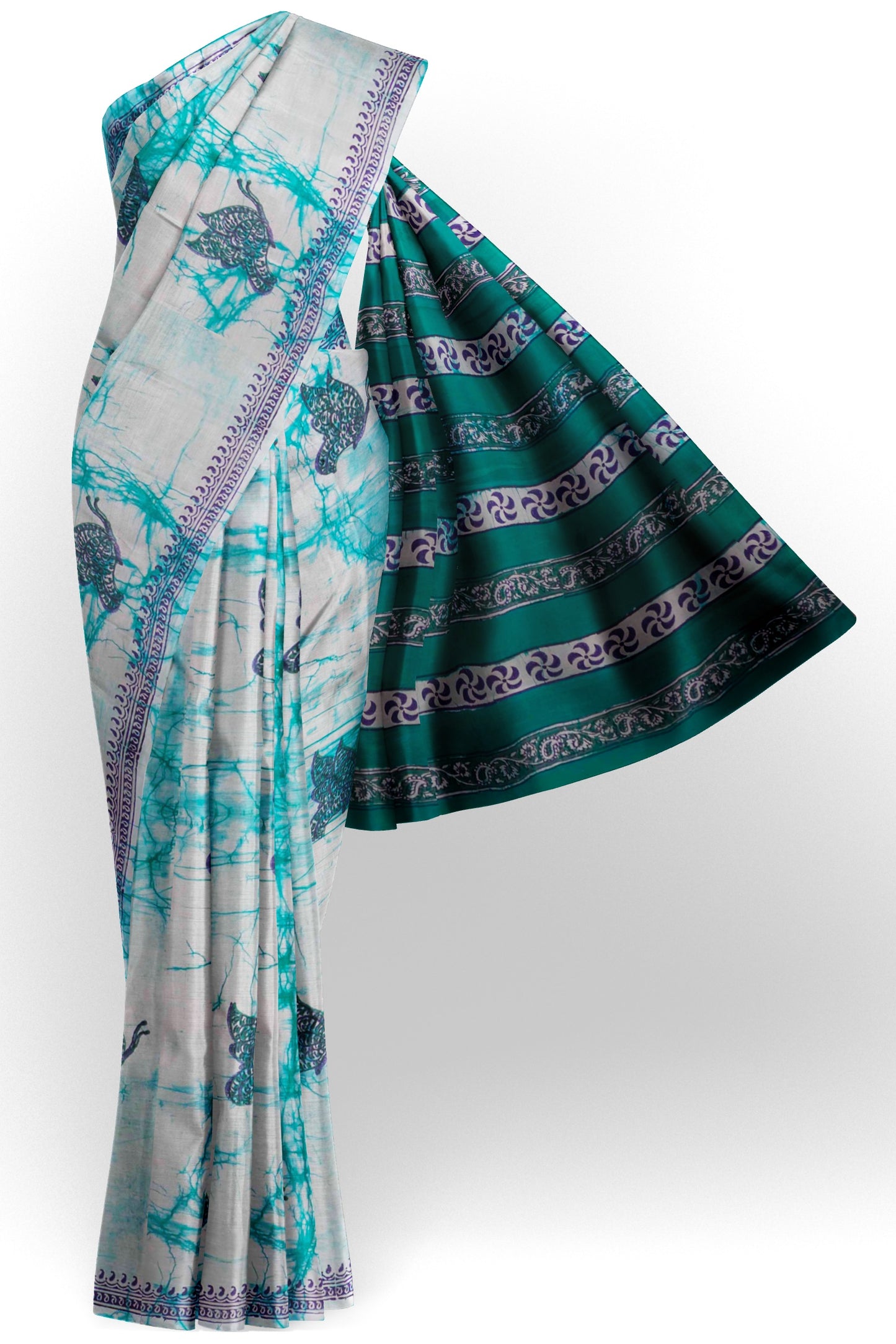 Light Blue Jaipur Cotton Green Butterfly Mango Border Saree