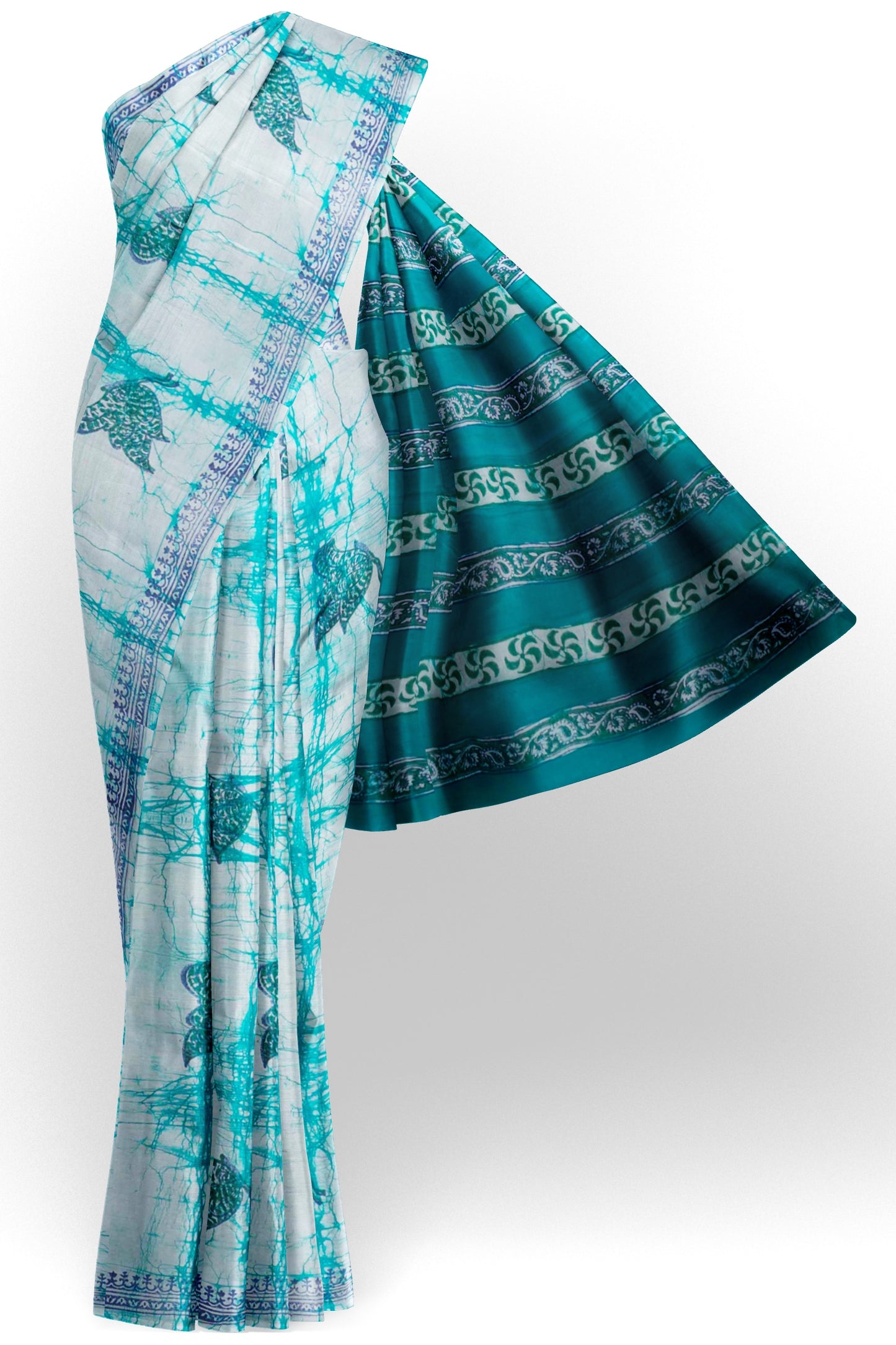 Light Blue Jaipur Cotton Green Blue Butterfly Print Saree