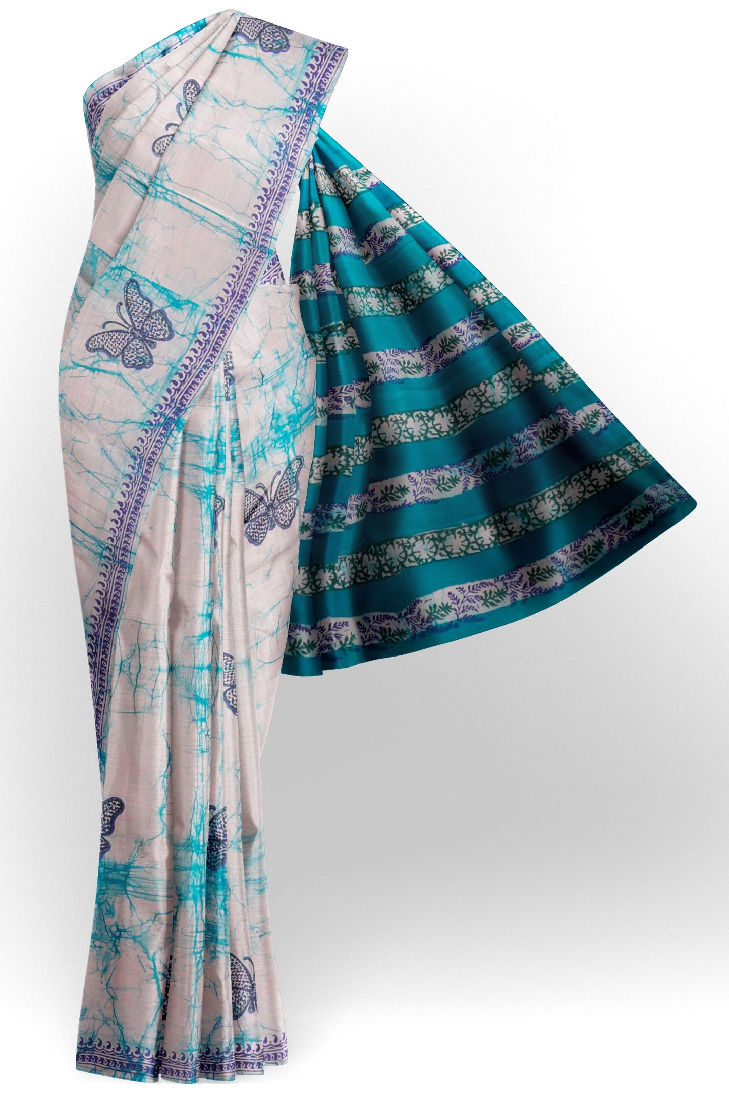 Light Blue Jaipur Cotton Green Butterfly Print Saree