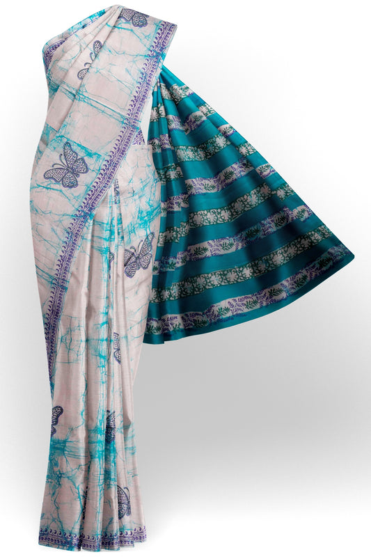 Light Blue Jaipur Cotton Green Butterfly Print Saree
