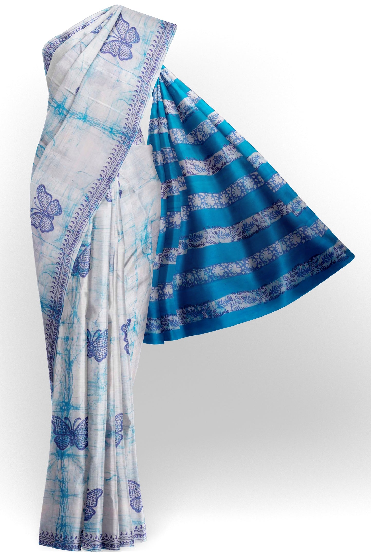 Light Blue Jaipur Cotton Batik Butterflies Saree