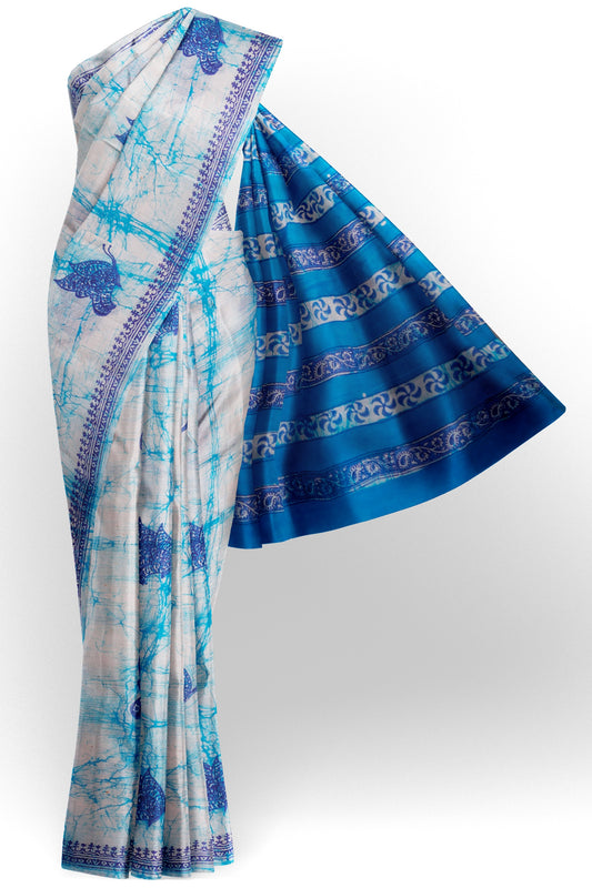 Light Blue Jaipur Cotton Blue Butterfly Print Saree