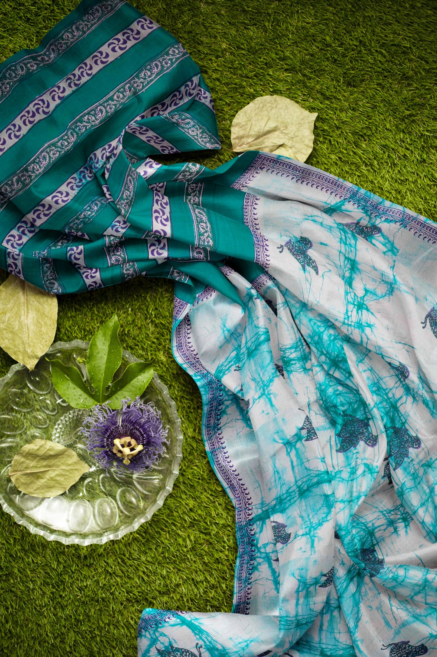 Light Blue Jaipur Cotton Green Butterfly Mango Border Saree