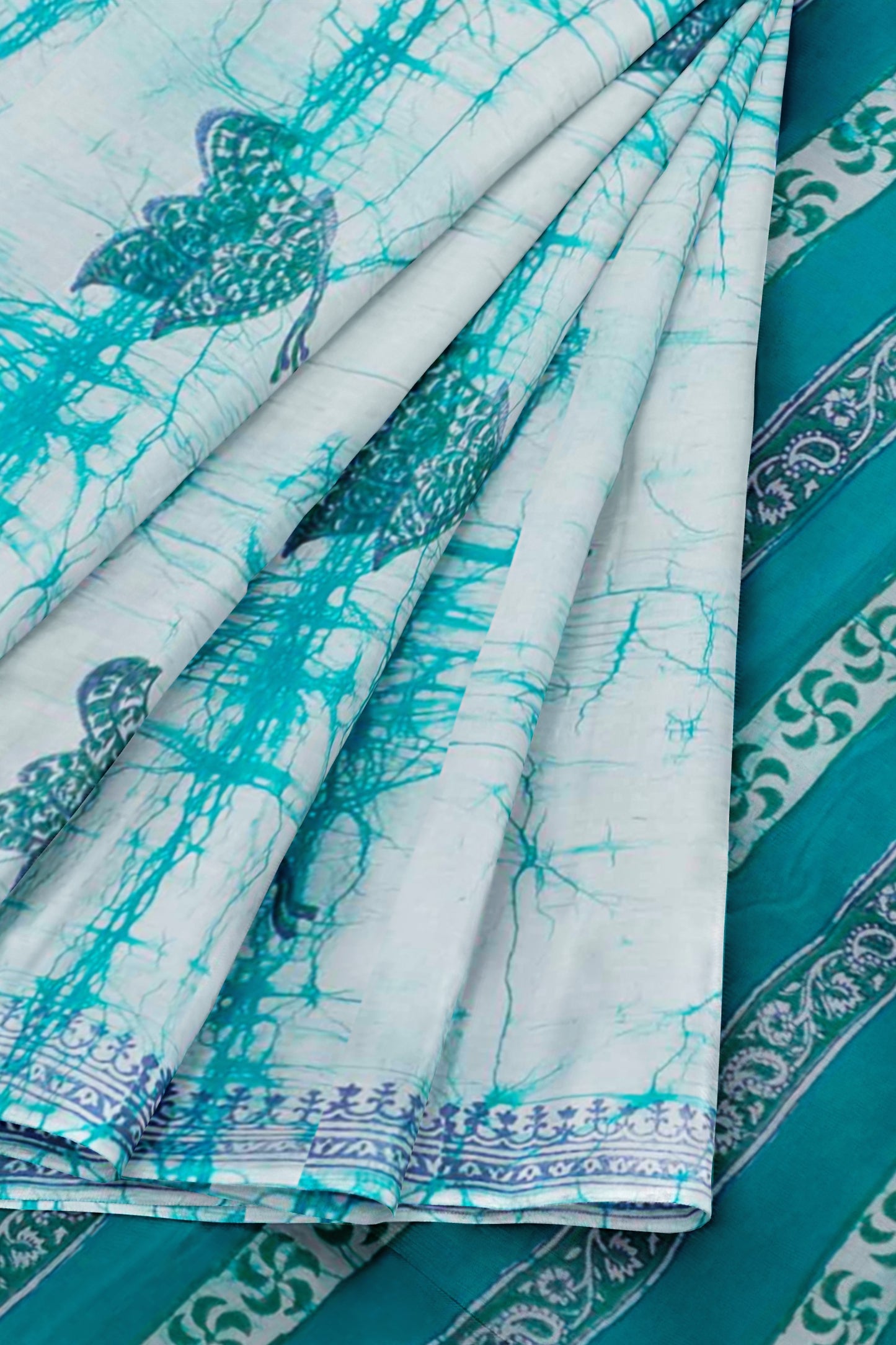 Light Blue Jaipur Cotton Green Blue Butterfly Print Saree