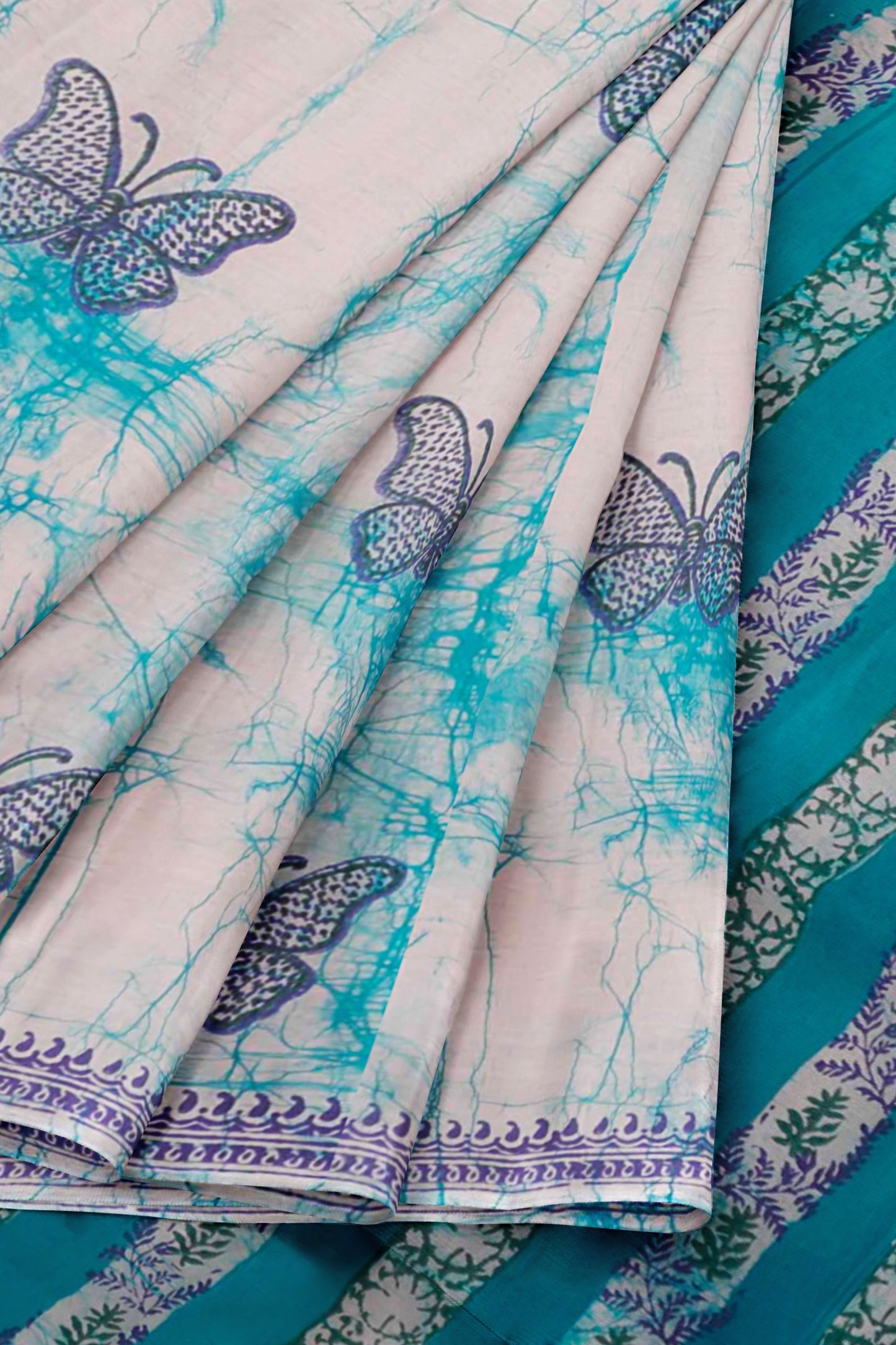 Light Blue Jaipur Cotton Green Butterfly Print Saree