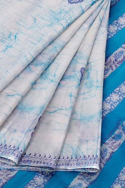 Light Blue Jaipur Cotton Batik Butterflies Saree